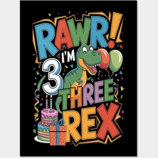 Kids Three Rex Birthday Party Posters and Art